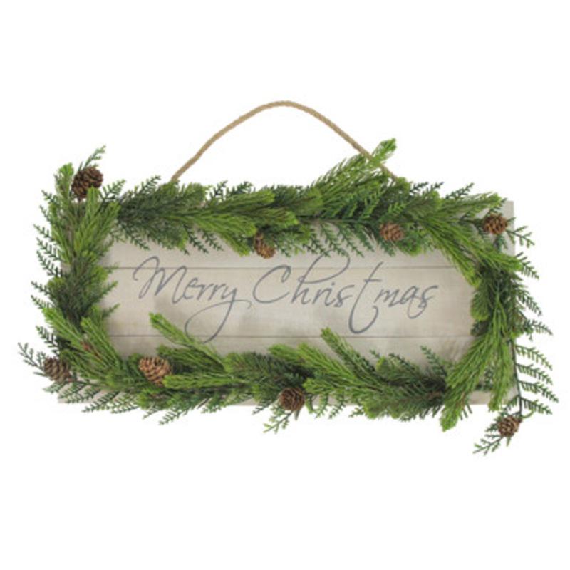 17.5 Pine Wood with Winter Foliage Merry Christmas Sign