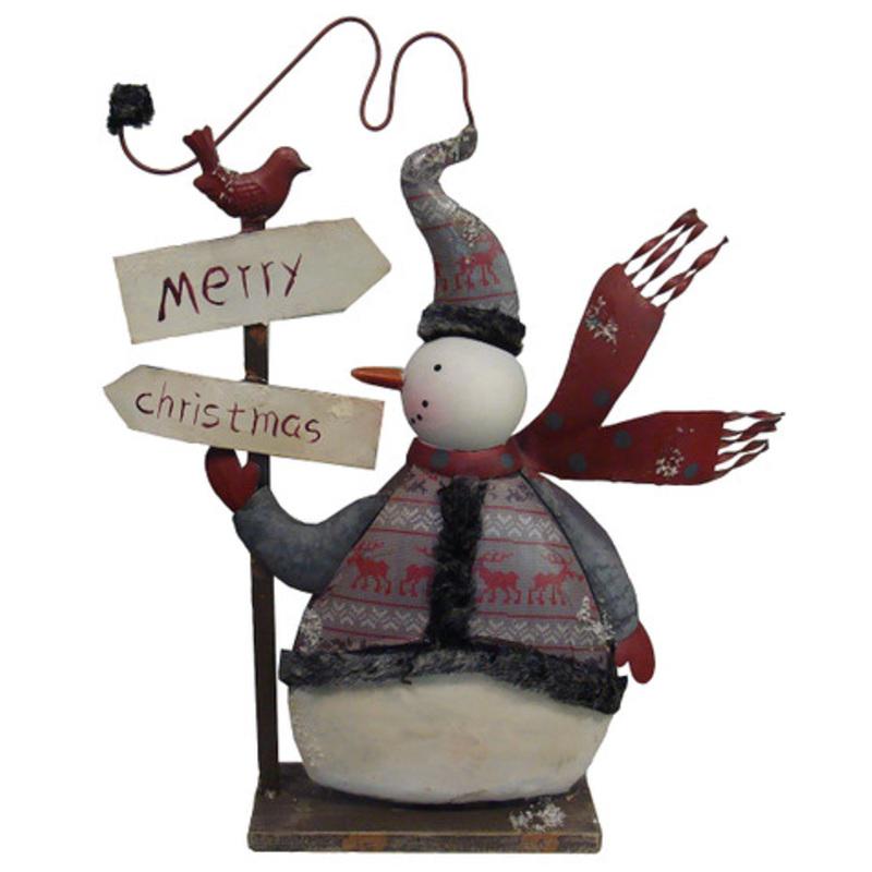 16.75 Gray and Red Country Rustic Merry Christmas Snowman Tabletop Decor