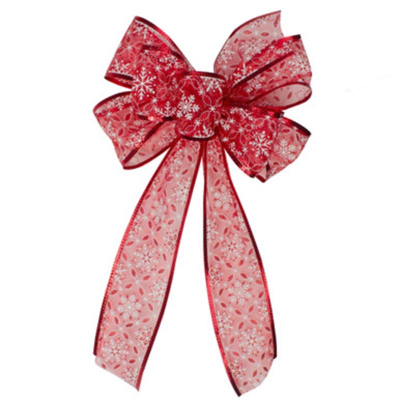 16 Sheer Red and White Snowflakes 6 Loop Christmas Bow Decoration