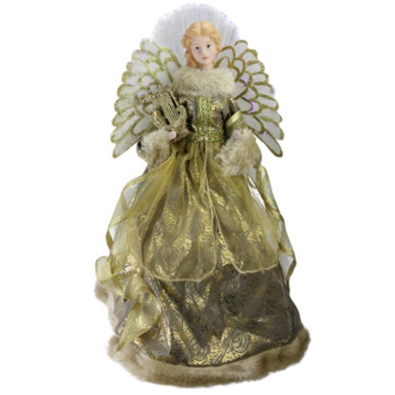 16 Gold and Brown Lighted Angel in Gown with Harp Christmas Tree Topper