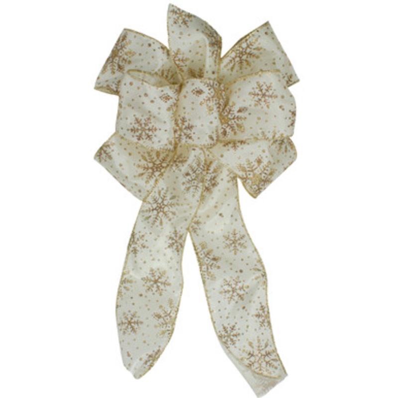 16 Ivory and Gold Sparkling Snowflakes Six Loop Bow Decoration