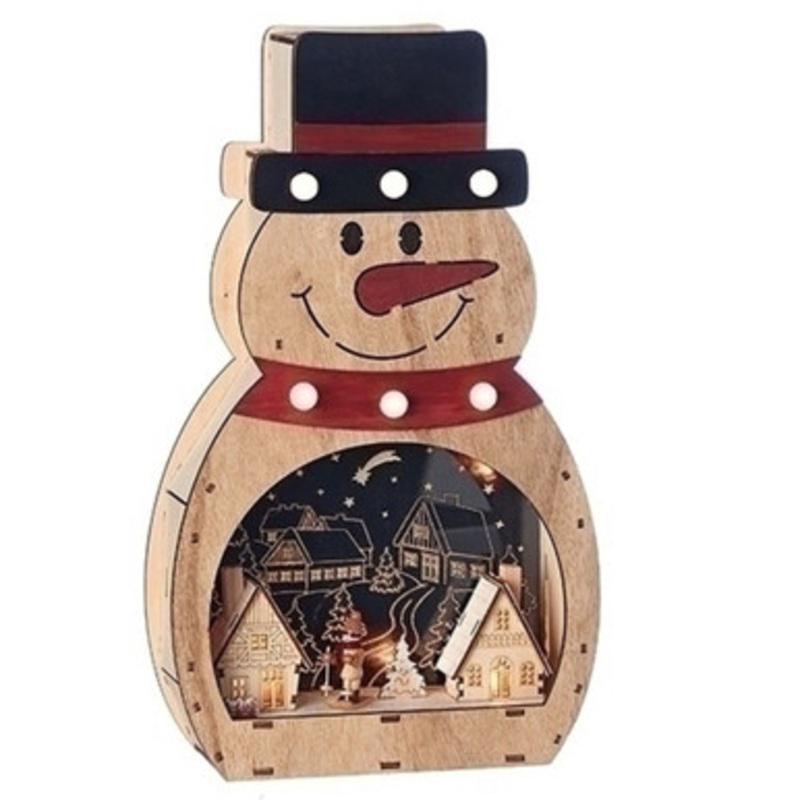 16 LED Wood Snowman with Town  33387581