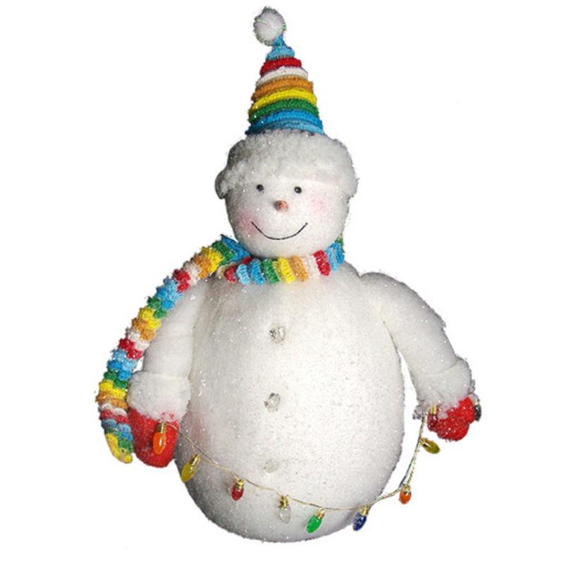 15 White Snowman with Red Mittens and Rainbow Knit Scarf Christmas Tabletop Figure