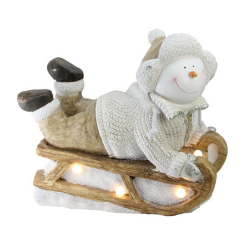 15.5 Brown and White Battery Operated LED Snowman Sleigh Christmas Tabletop Decor