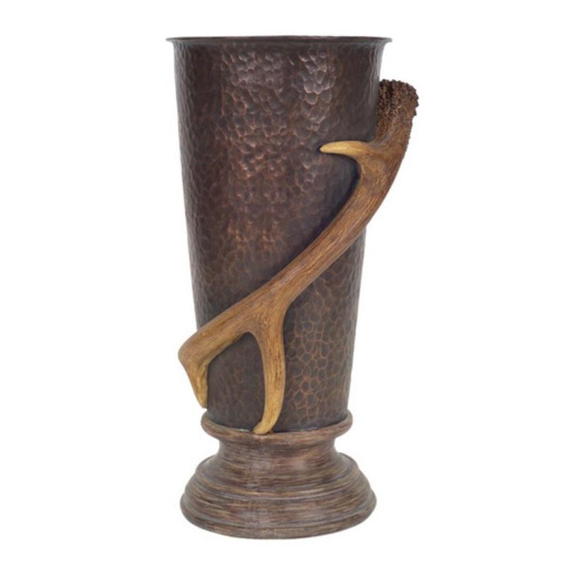 15.5 Brown Hammered Pewter Style Deer Antler Urn Tabletop Decor