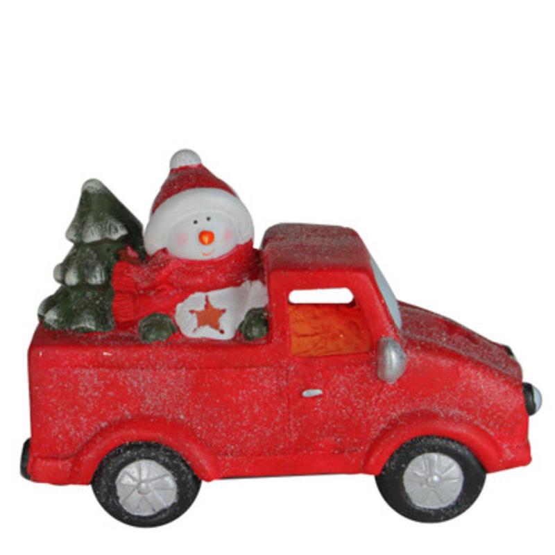 14.5 Red Pre-Lit LED Snowman in Truck with Tree Christmas Tabletop Decor
