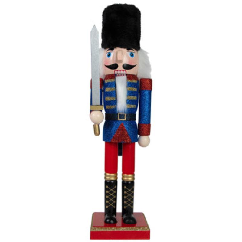 14.25 Blue and Red Glittered Christmas Nutcracker Soldier with Sword