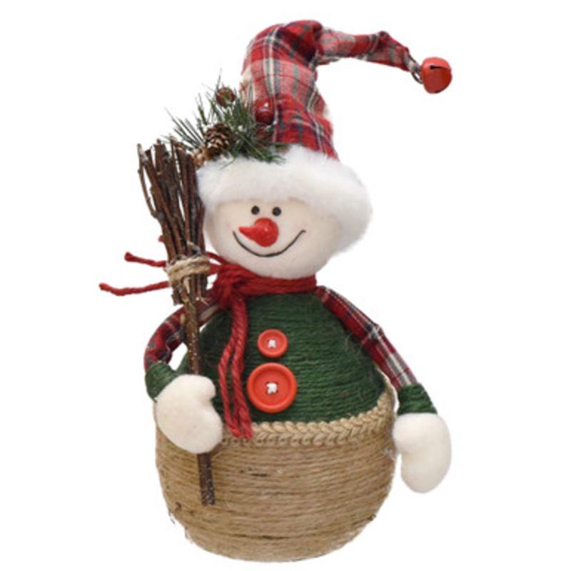 14.5 Green and Red Plaid Snowman with Broom Tabletop Christmas Figurine