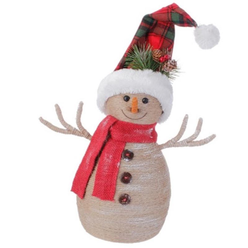 13.25 Brown and Red Snowman with Plaid Snow Cap Christmas Decor