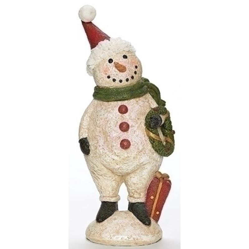 13 White and Red Glittered Plumpy Christmas Snowman Figure with Wreath Tabletop