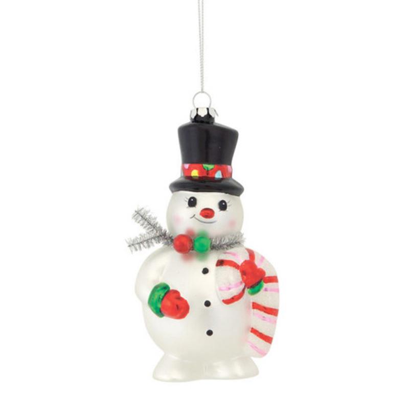 12ct White Jolly Snowman with Top Hat and Candy Cane Glass Christmas Ornaments 6