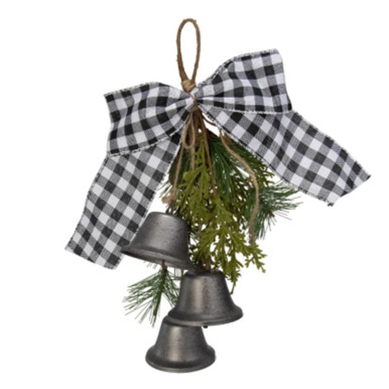 13 Black and White Gingham Tie with Bells Christmas Door Hanger