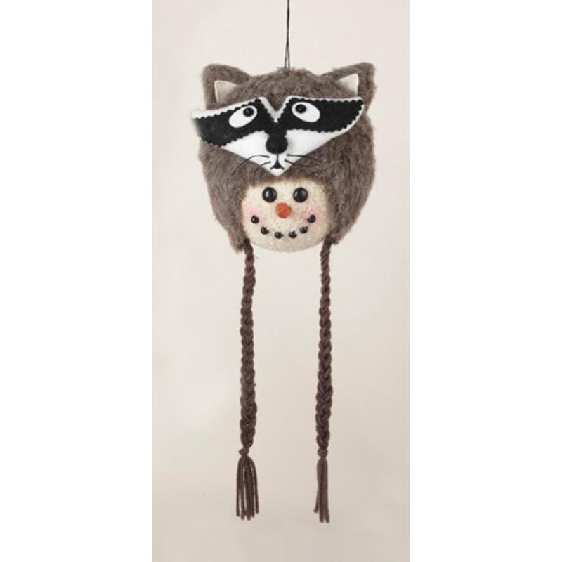 13 Brown and Black Snowman with Plush Raccoon Hat Christmas Ornament