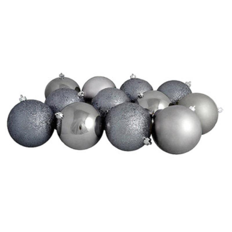 12ct Gray Shatterproof 4-Finish Christmas Ball Ornaments 4 (100mm)
