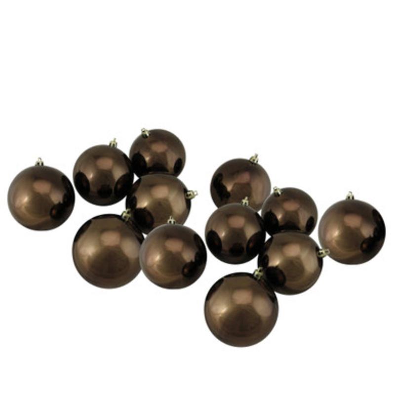 12ct Chocolate Brown Shatterproof Shiny Christmas Ball Ornaments 4 (100mm)