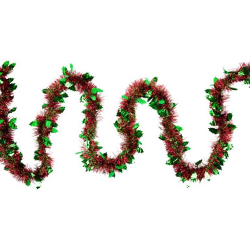 12 x 4 Shiny Red and Green Christmas Tinsel Garland with Holly Leaves  Unlit