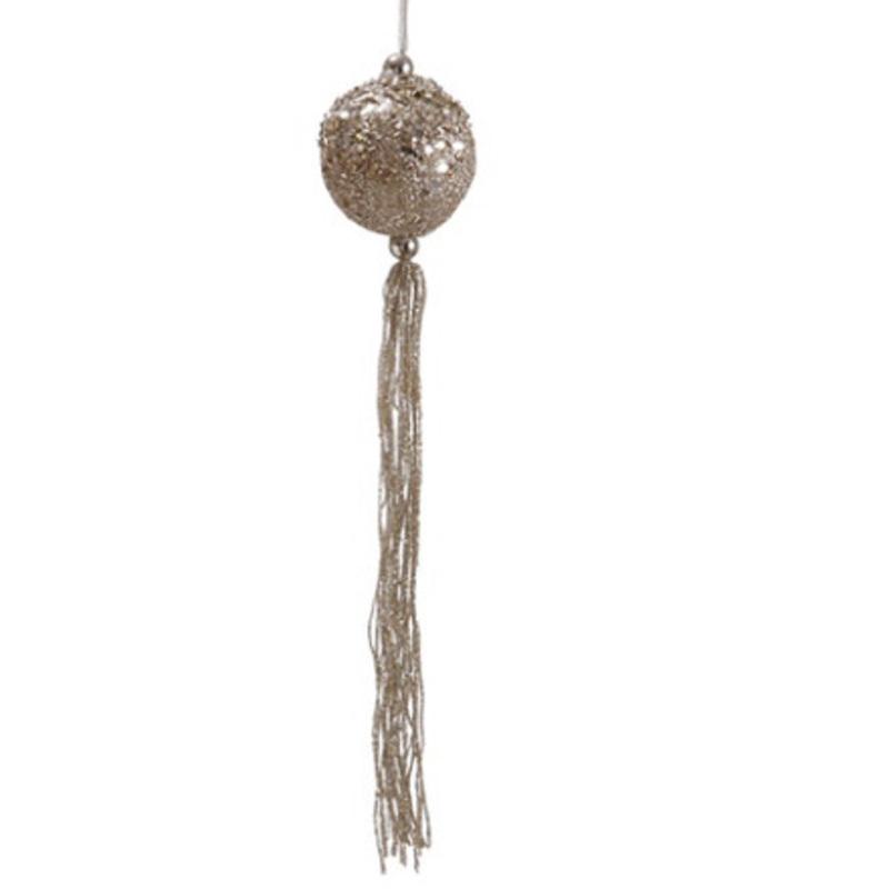 12 Glitter Pale Gold Christmas Drop Ball Ornament with Tassels