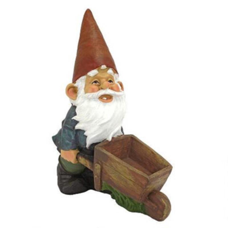 12 Gnome Pushing Wheelbarrow Hand Painted Garden Statue