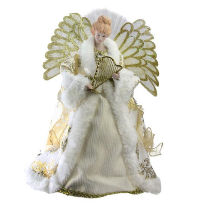 12 Lighted Fiber Optic Angel in Gold and Cream Gown with Harp Christmas Tree Topper
