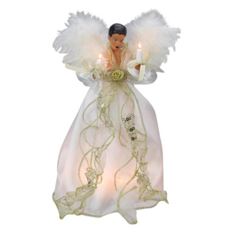 12 Lighted White and Gold African American Angel with Wings Christmas Tree Topper Clear Lights 33752039