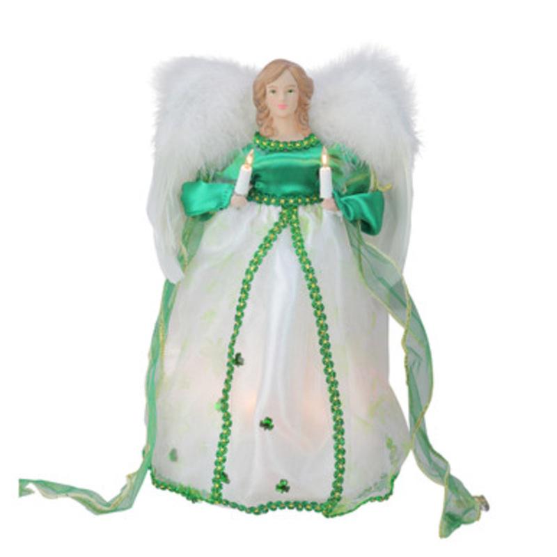 12 Green and White Lighted Luck of the Irish Angel Christmas Tree Topper