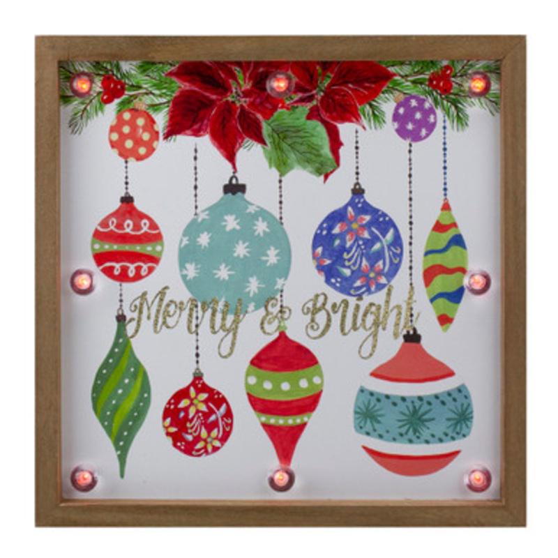 11.8 Brown Wooden Frame Merry & Bright with Hanging Ornaments and Glitter Christmas Plaque