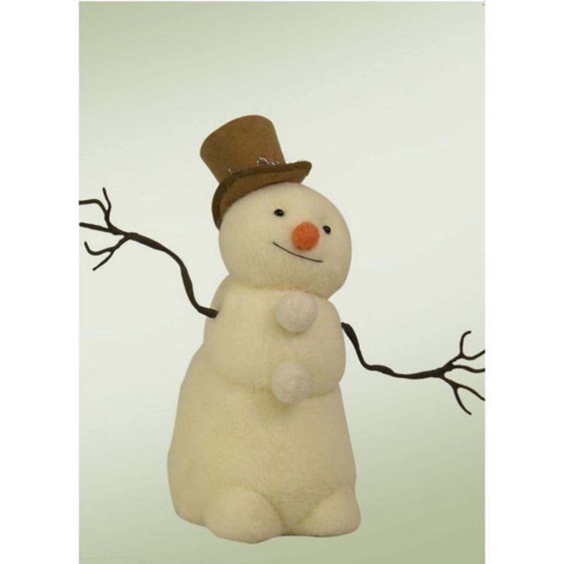11.25 Cream and Brown Wool Felted Posable Snowman with Top Hat Christmas Figure Decoration