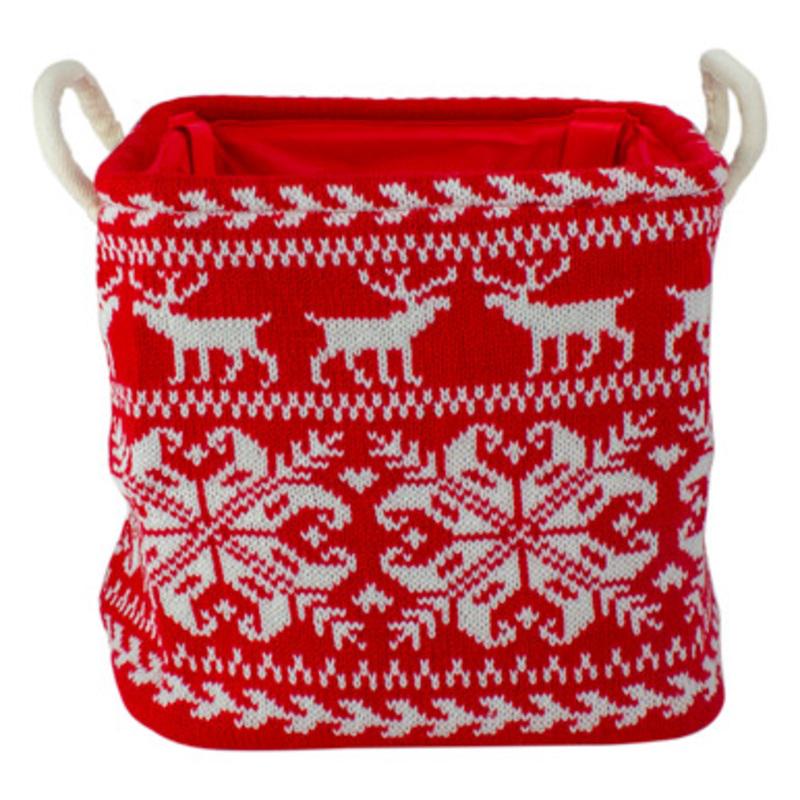 11 Red and White Fair Isle Nordic Sweater Storage Basket
