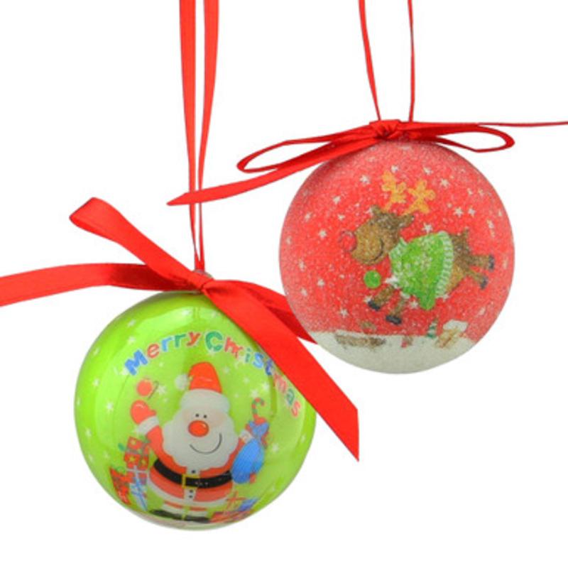 10ct Red and Green Shatterproof Santa with Reindeer Decoupage Christmas Ball Ornaments 1.75 (40mm)
