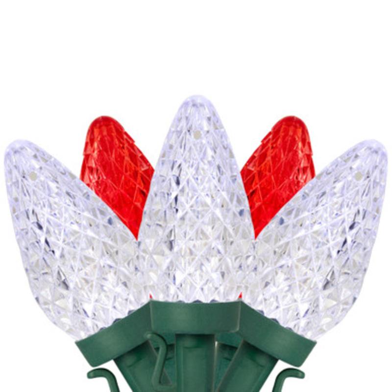 100-Count Red and Pure White Faceted LED C9 Christmas Lights, 66ft Green Wire