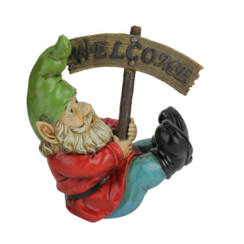 10.5 Silly Gnome with Welcome Sign Outdoor Garden Statue