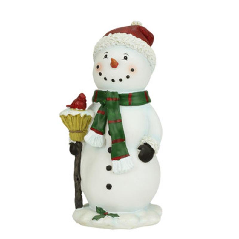 10.25 White Snowman Holding Broom with Cardinal Bird Christmas Figurine