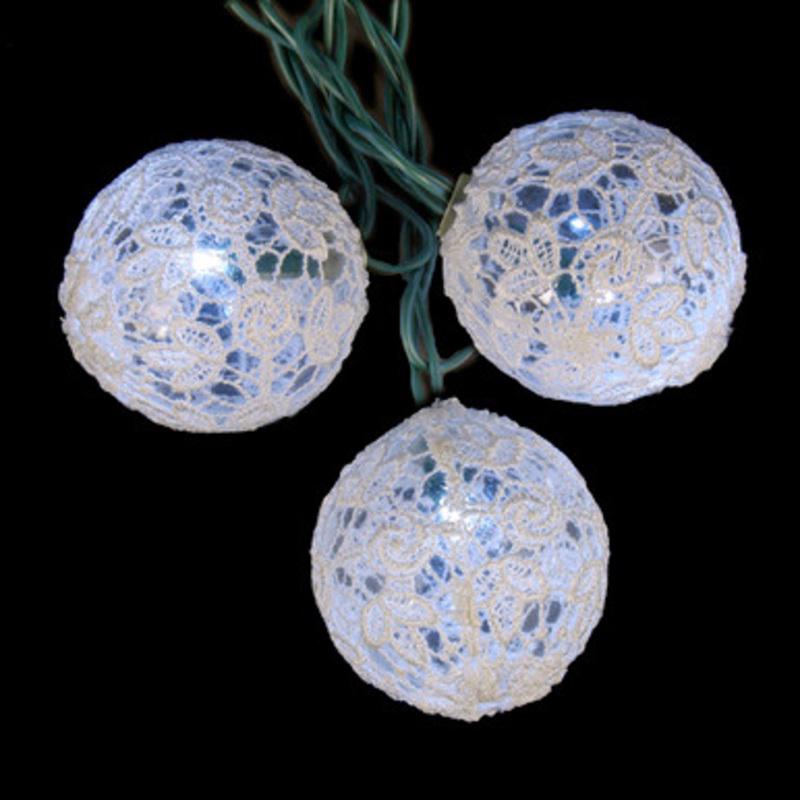 10 White LED Lace Ball Christmas Lights 10 ft Green Wire