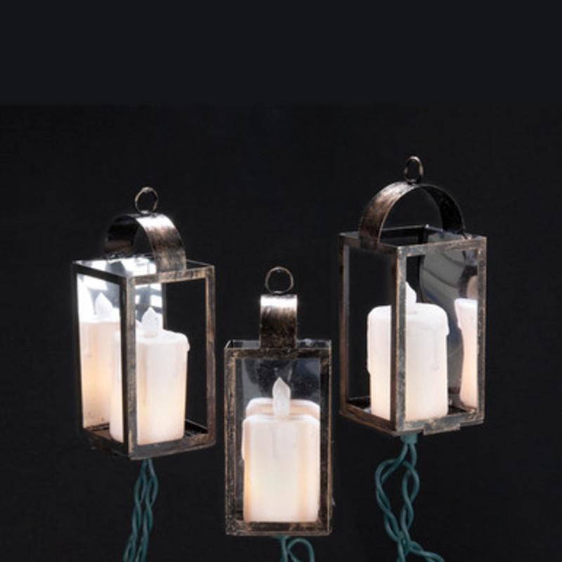 10-Count Pillar Candle in Mirrored Lantern LED Christmas Lights, 2ft Green Wire