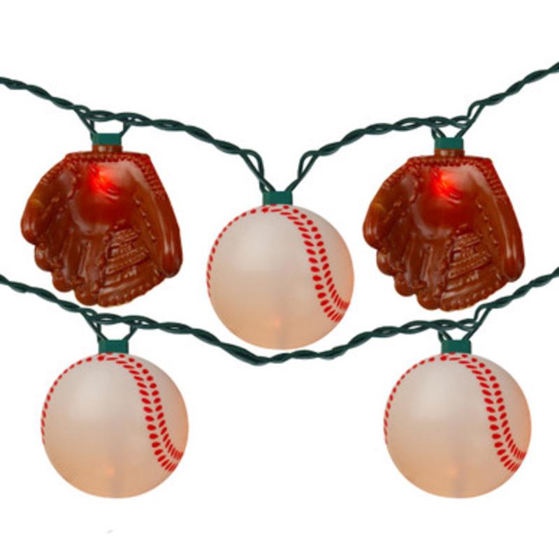 10-Count Baseball and Catcher Mitt Novelty Christmas Light Set 9ft Green Wire