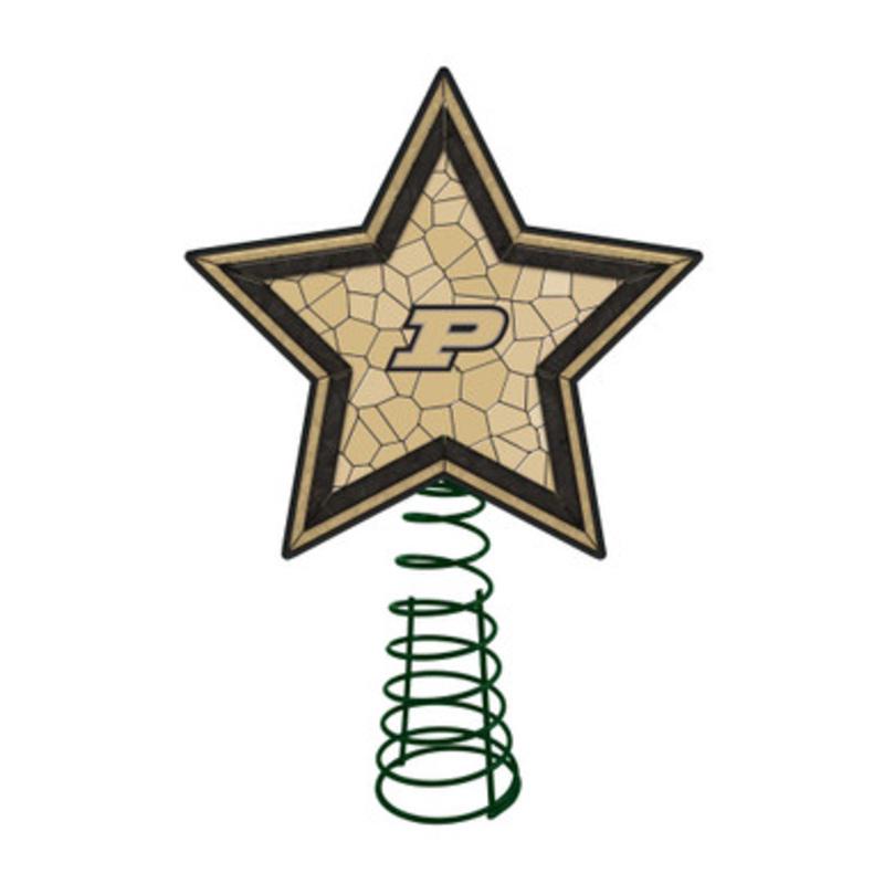 10 Lighted Beige and Black Star NCAA Purdue Boilermakers Mosaic Christmas Tree Topper