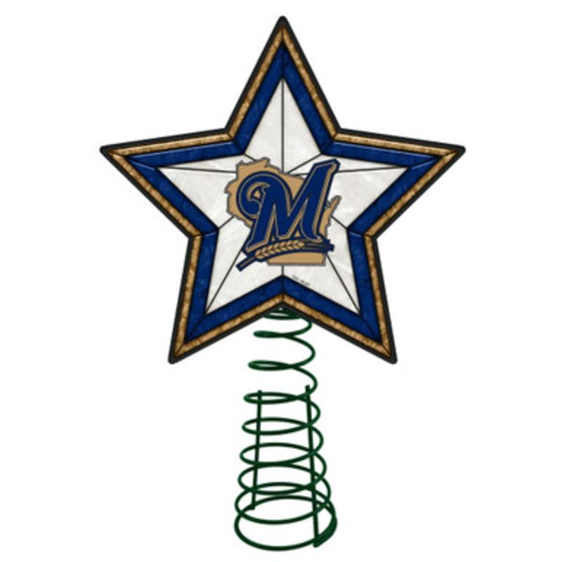 10 Lighted Gold and Blue Star MLB Milwaukee Brewers Christmas Tree Topper