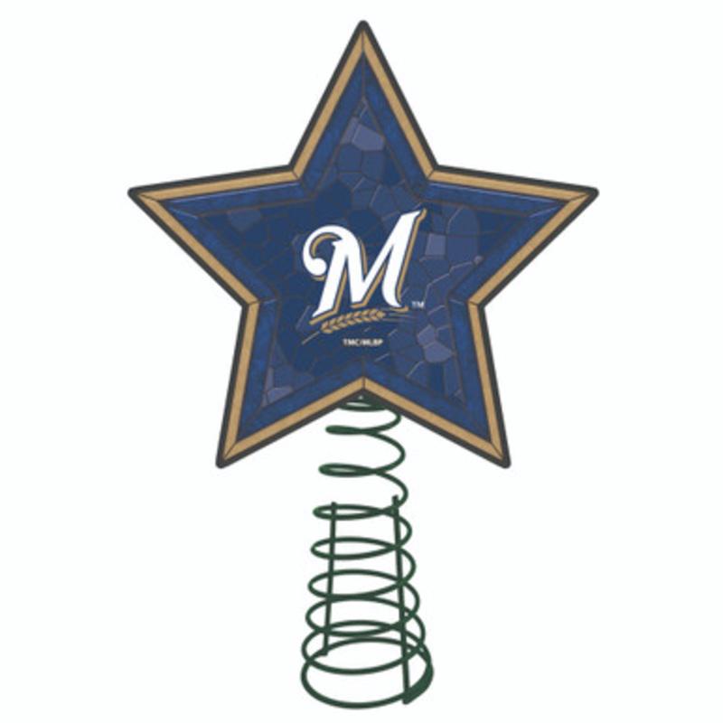 10 Lighted Navy Blue and White Mosaic Style Star MLB Milwaukee Brewers Christmas Tree Topper