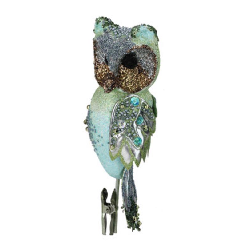 10 Green Glittered and Sequined Owl Clip On Christmas Ornament