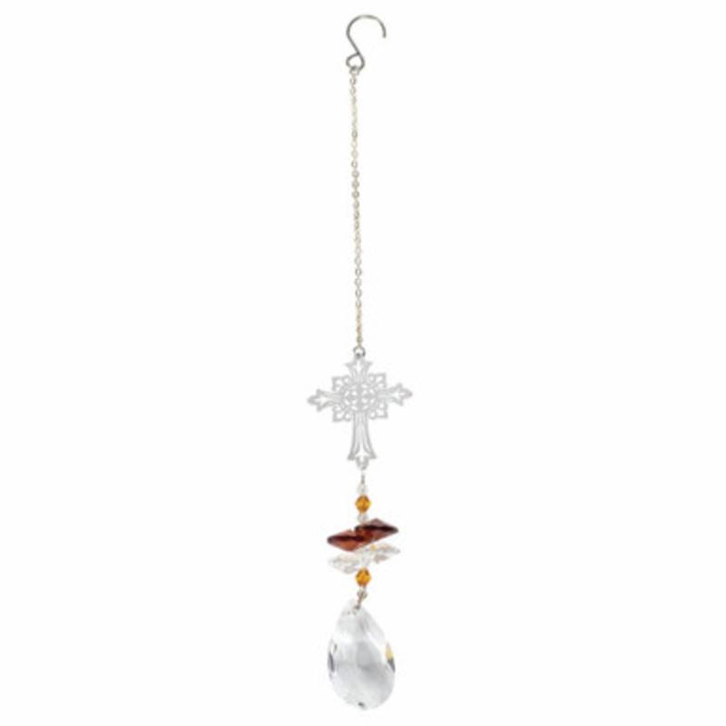 10 Hanging Amber and White Crystal Sun Catcher with Metal Cross