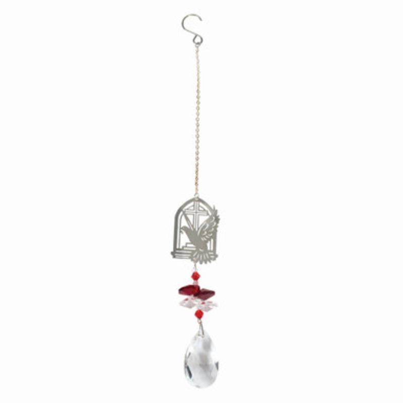 10 Hanging Red and White Crystal Sun Catcher with Metal Dove and Cross