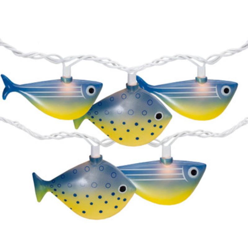10 Blue and Yellow Fish Mini Summer Patio String Lights 8.5 ft Green Wire