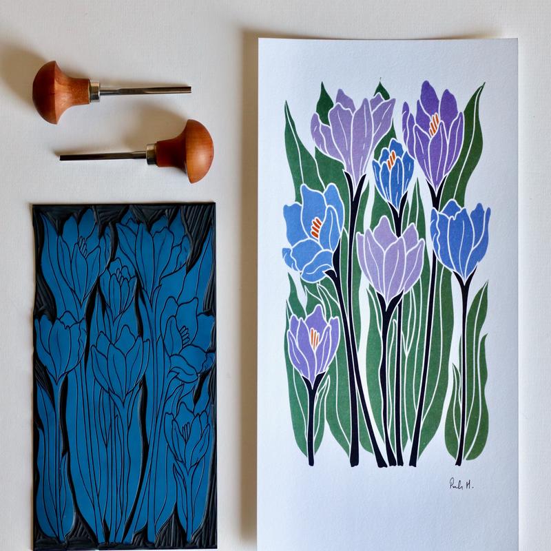 Joy Bloom Crocus Flowers Linocut | A5 or A4 Art Print on Cotton Paper