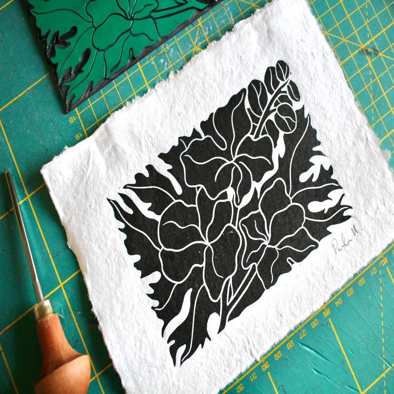 Larkspur Flower Linocut | Handprinted A5 Art Print on Cotton Rag Paper