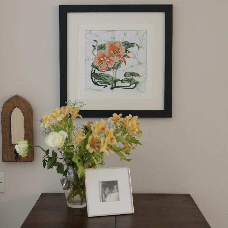 Nasturtiums Hand Dyed Batik Art in Orange and Green