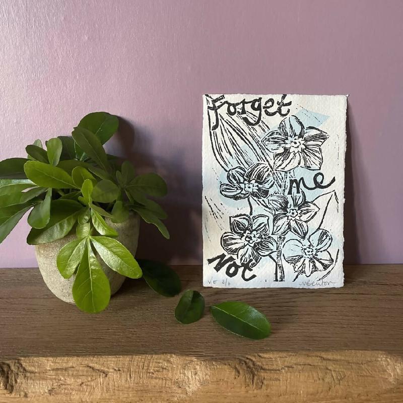 'Forget Me Not' Linocut Print on Handmade Paper