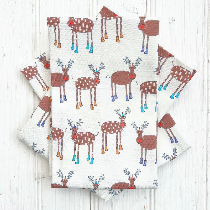 'Friendly Reindeers' Christmas Organic Cotton Tea Towel