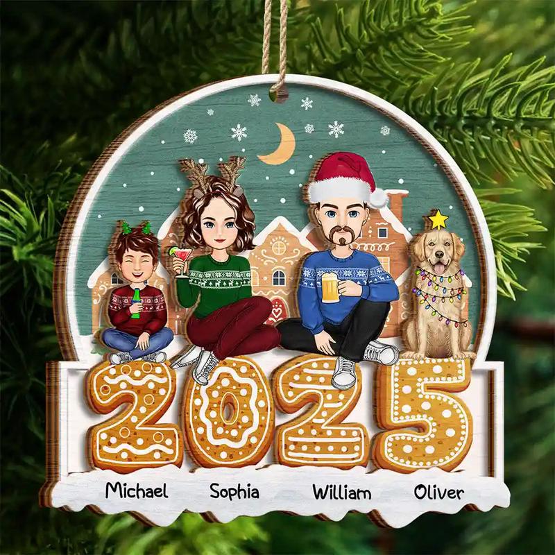 2025 Cartoon Family And Pet Gingerbread Cookies - Personalized 2-Layered Wooden Ornament