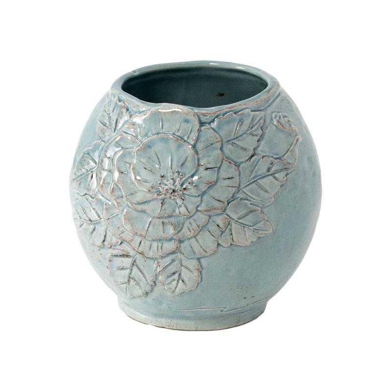 VIRGINIA CASA Vaso porta scopino con rosa ROMANTICA ceramica turchese H15 cm