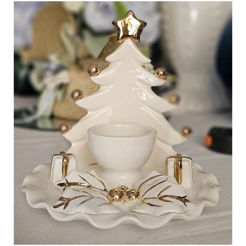 Ad Rem Collection Portacandela Albero di natale in porcellana bianco/oro H15xD16 cm